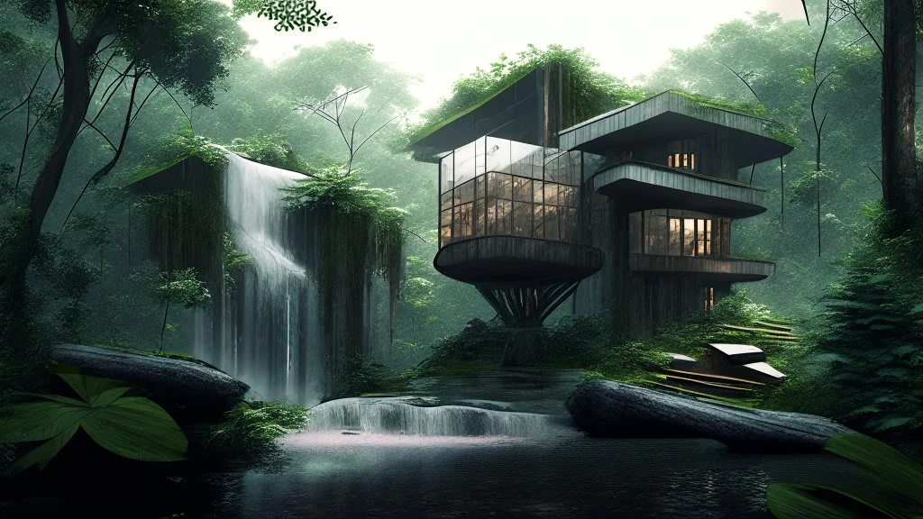 modern house by a big water falls in a karstic rain forest