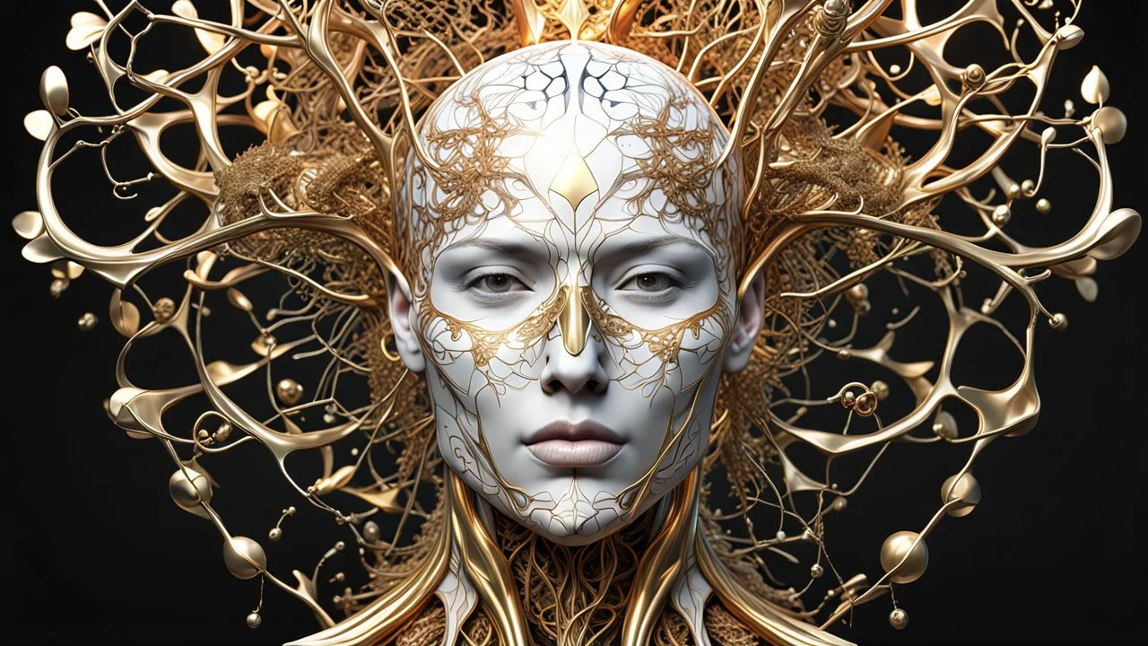 3D rendering of a head of an impressively detailed and complex hyper-realistic "human anatomy": scientific, single object, glossy white, shiny gold, vines, tribalism, black background, shamanism, cosmic fractals, octane rendering, 8k post-processing, detailed metallic bones, dendritic, artstation : Award Winning: Professional Portrait: Atmospheric: Commanding: Fantastic: Clarity: 16k: Ultra Quality: Astounding: Shine: Stunning Colors: Stunning Depth