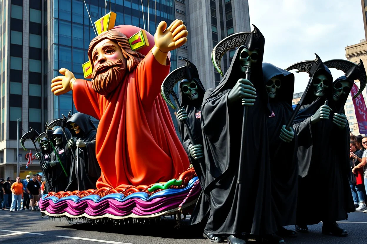 cartoonish jesus parade balloon pulled by multiple grim reapers, multi colored, bright, vivid, psychedelic, high detailed, high gloss, insanely detailed, matte, horrorcore, lining the street, unsettling contrast, monument to death, live action shot grim reaper parade, pulling a jesus parade float