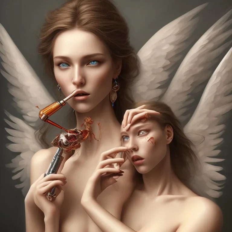 A beautiful angel smoking a pipe, body parts and anatomy with high resolution, painting with full HD quality, 4K, 8K, 16K, amazing artwork.