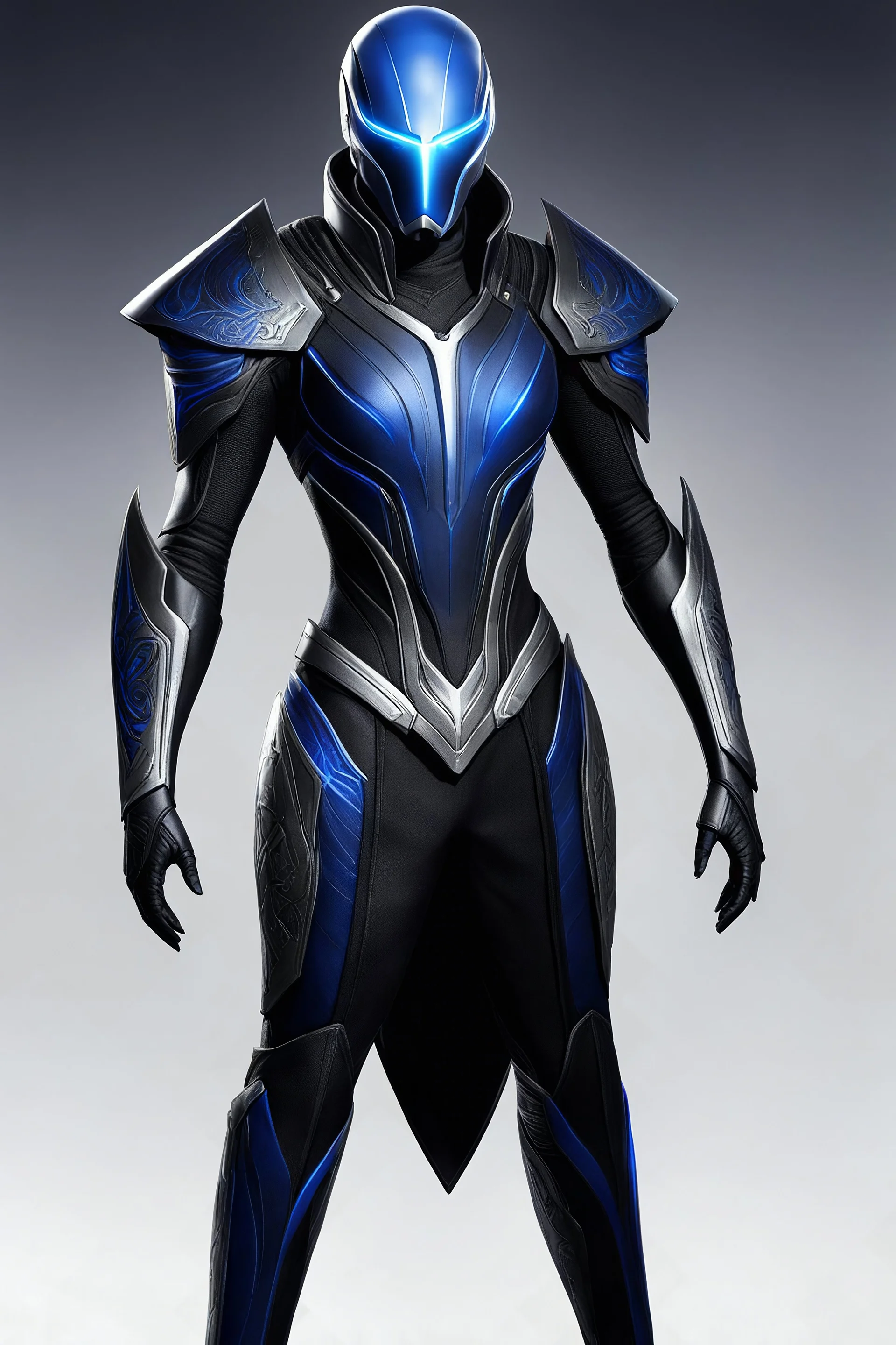 Mass Effect game, Quarian, Sci fi, elegant fusion of Quarian tradition and modern sophistication. The sleek, matte black base is accented by intricate, flowing silver filigree patterns along the armor plates, evoking Quarian craftsmanship. Subtle deep-blue energy veins pulse softly along the seams. The armor plating is lightweight and contoured to his form, giving the suit a sharp, streamlined silhouette that enhances his agility.His visor, tinted in a sleek gradient from dark green