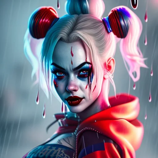 Harley Quinn, violent, high delicate defined details, beautiful, atmospheric, rain, matte, 3 d 8 k octane rendered, sharp focus, illustration, high detail, ultra realistic, highly saturated colors