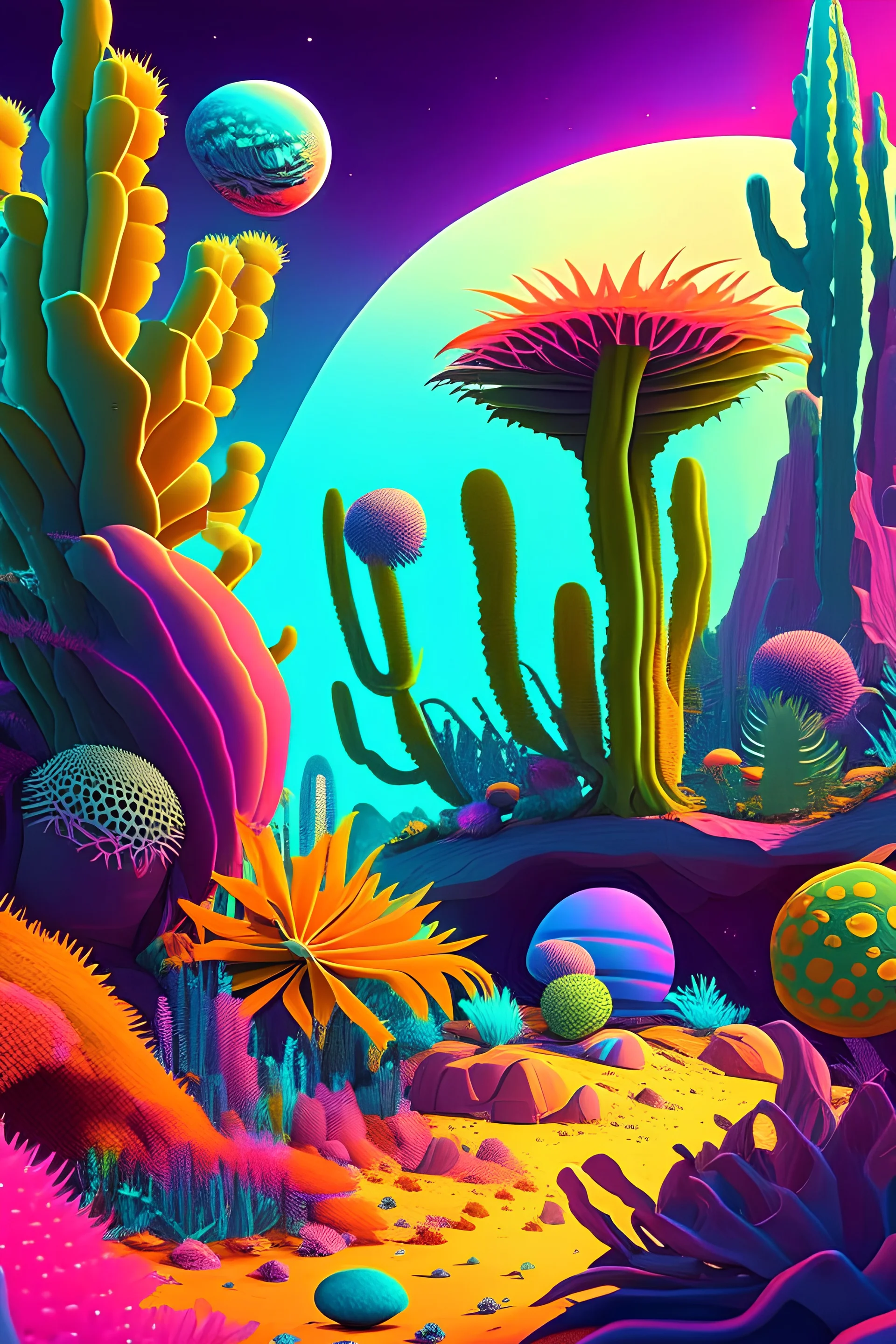 Exploring a colorful alien planet with strange flora and fauna.