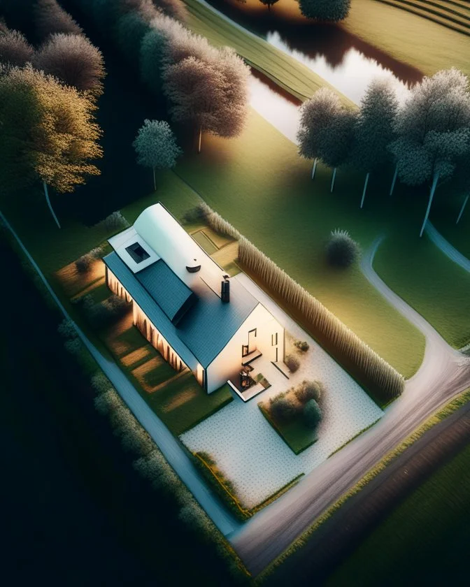 Modern country house aerial view minimalist style hyper-detailed 8k digital art