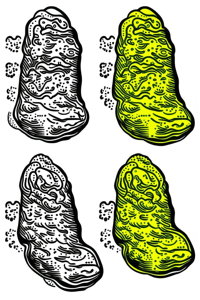 Draw two footprints. The tread pattern from the shoes is white and made entirely from the shapes of ghosts in the style of Salvador Dali’s “the face of war”. Use no more than 4 colours. Do not draw a shoe.