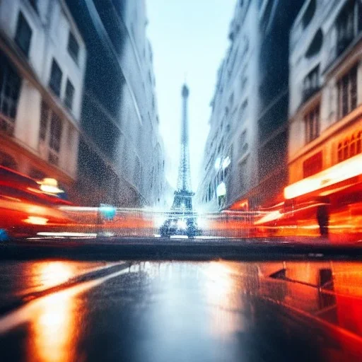 Cyberpunk street view at night, Paris, rain, ground reflection