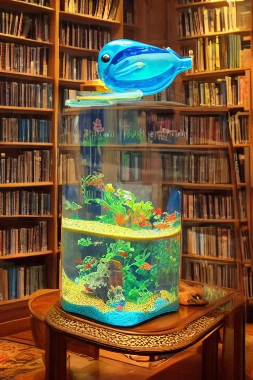 An aquarium glass cat shaped aquarium with fish, colorful fish, in an old style cozy library with a comfortable armchair to sit in and a large aquarium with fish, colorful fish