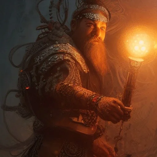 Insanely detailed photograph of an “ warrior mariachi holding glowing D20” with intricate detailed beard, intricate clothing, hyperdetailed painting by Ismail Inceoglu Huang Guangjian and Dan Witz CGSociety ZBrush Central fantasy art album cover art,8K, hdr, mysterious, flickeringlights ,Stoic