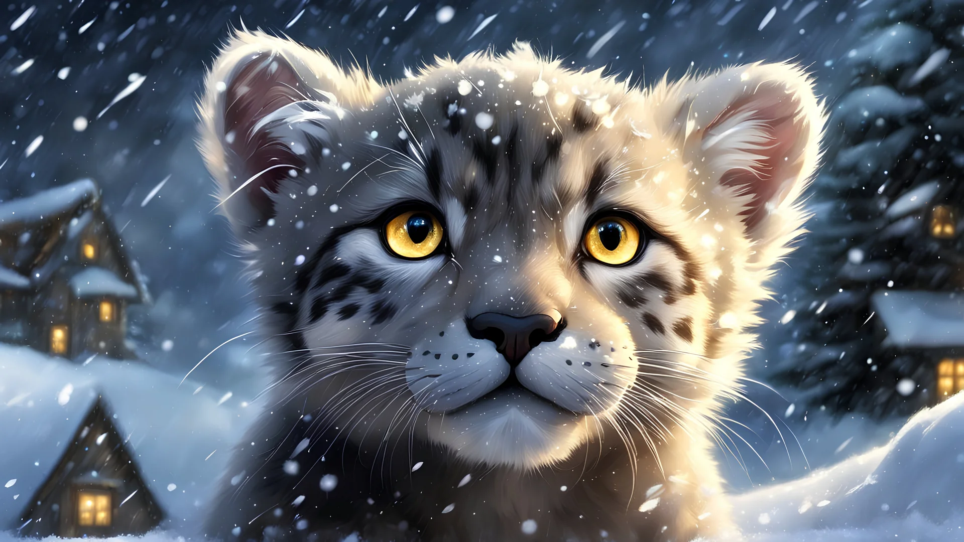 style by (Clay Mann:2.5),unique realistic (fluffy cute snow-panther puppy:1.8) phantasmagoria, Christmas Night Atmosphere,Dynamic Angle,Dramatic Lighting,strom-snowfall detailed winter masterpice,digital painting,windy epic polar, perfect freckles face,dirty fantasy,(luminous yellow eye),professional make-up,mesmerise 1female selfie, ,Huge Detailed Scene inspired by the Puma