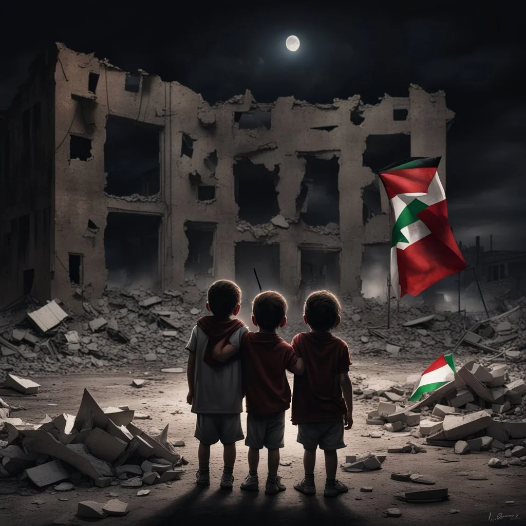 Hyper Realistic Children crying outside a destroyed building in a dark night with Palestine Flag