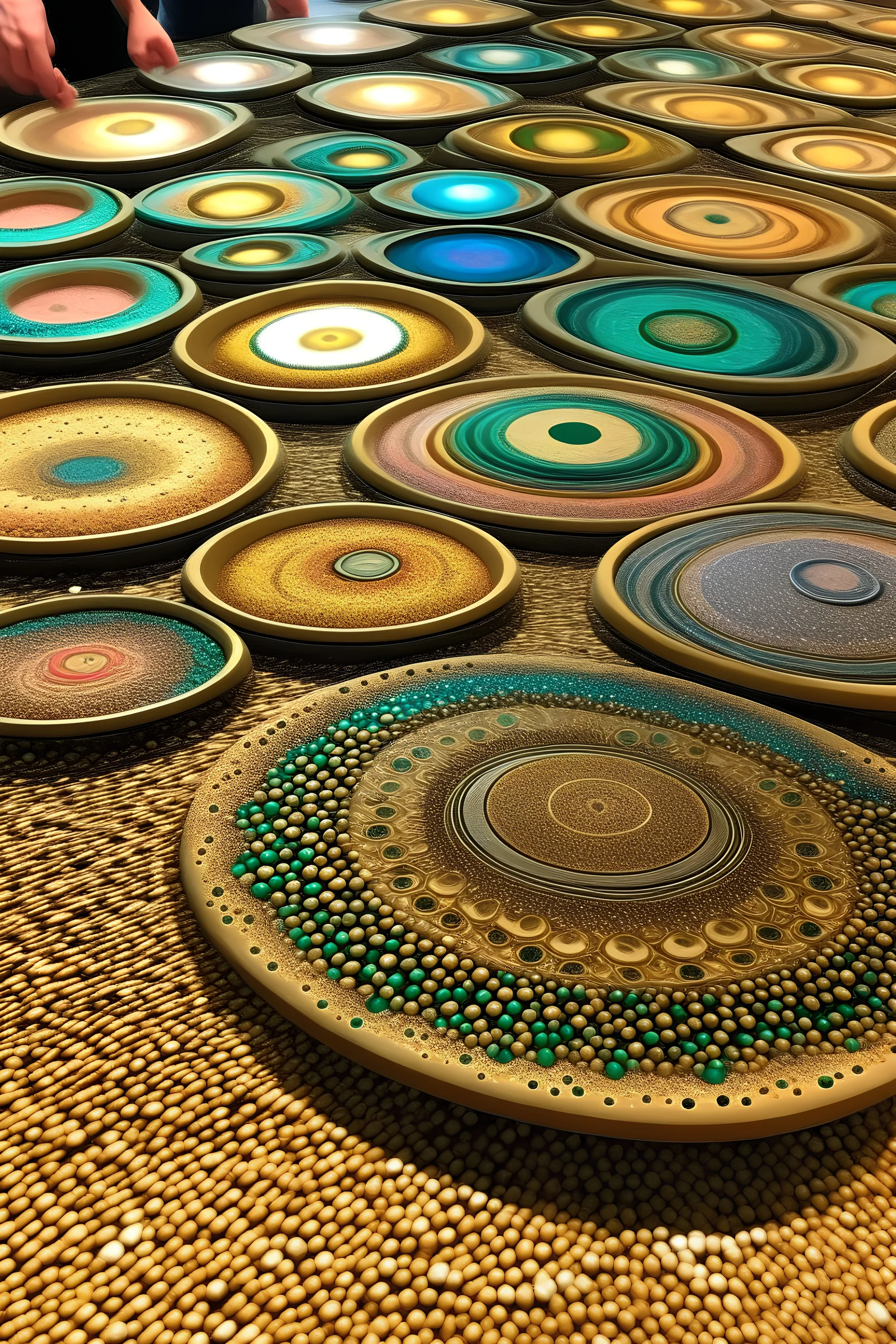 glittering sand mandalas as many small circles as sticker upside wiev