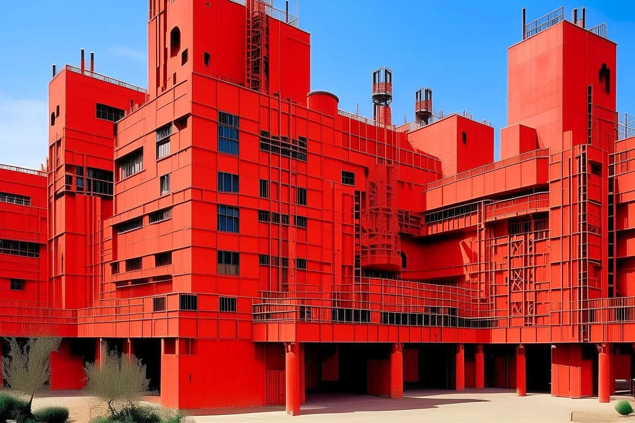 An orangish red factory with pulsating blocks designed in Navajo baskets painted by Pablo Picasso
