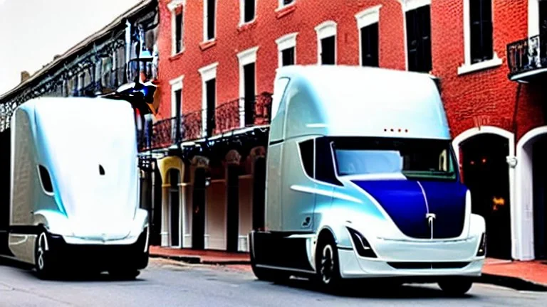A Tesla semi-truck is parked, in the 'French Quarter' in New Orleans, Louisiana. CINEMATIC. WIDE ANGLE LENS.