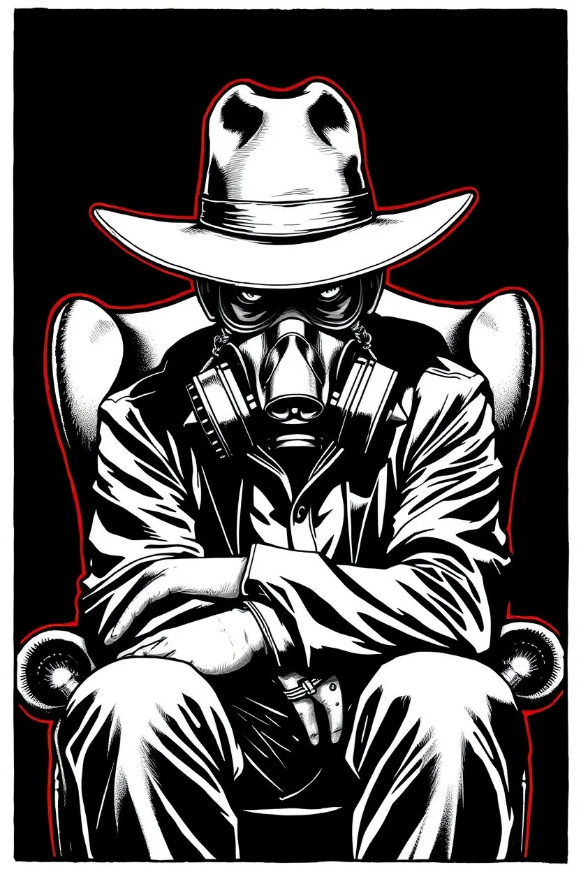 intimidating western styled man with hat (wide flat brim flat top) shading face, wearing a gas-mask, sitting forward on a wingback chair, vignette, black and white graphic novel style with a red outline on black background, gothic horror