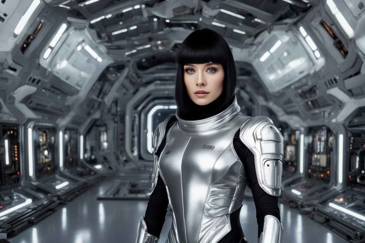 photo of a Sci-fi woman, with black hair, wearing a silver and black spacesuit looking like an android, no helmet, on an alien planet