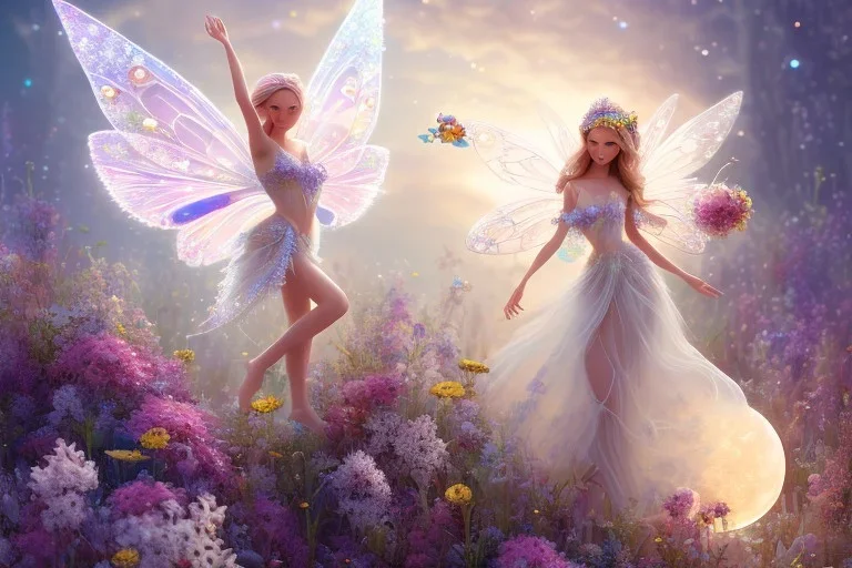 one very little beautiful fairy above one big crystal subtle flower in a galactic ambiance, transparent petals, delicate colors, in the foreground, full of details, smooth, bright sunshine，soft light atmosphere, light effect，vaporwave colorful, concept art, smooth, extremely sharp detail, finely tuned detail, ultra high definition, 8 k, unreal engine 5, ultra sharp focus