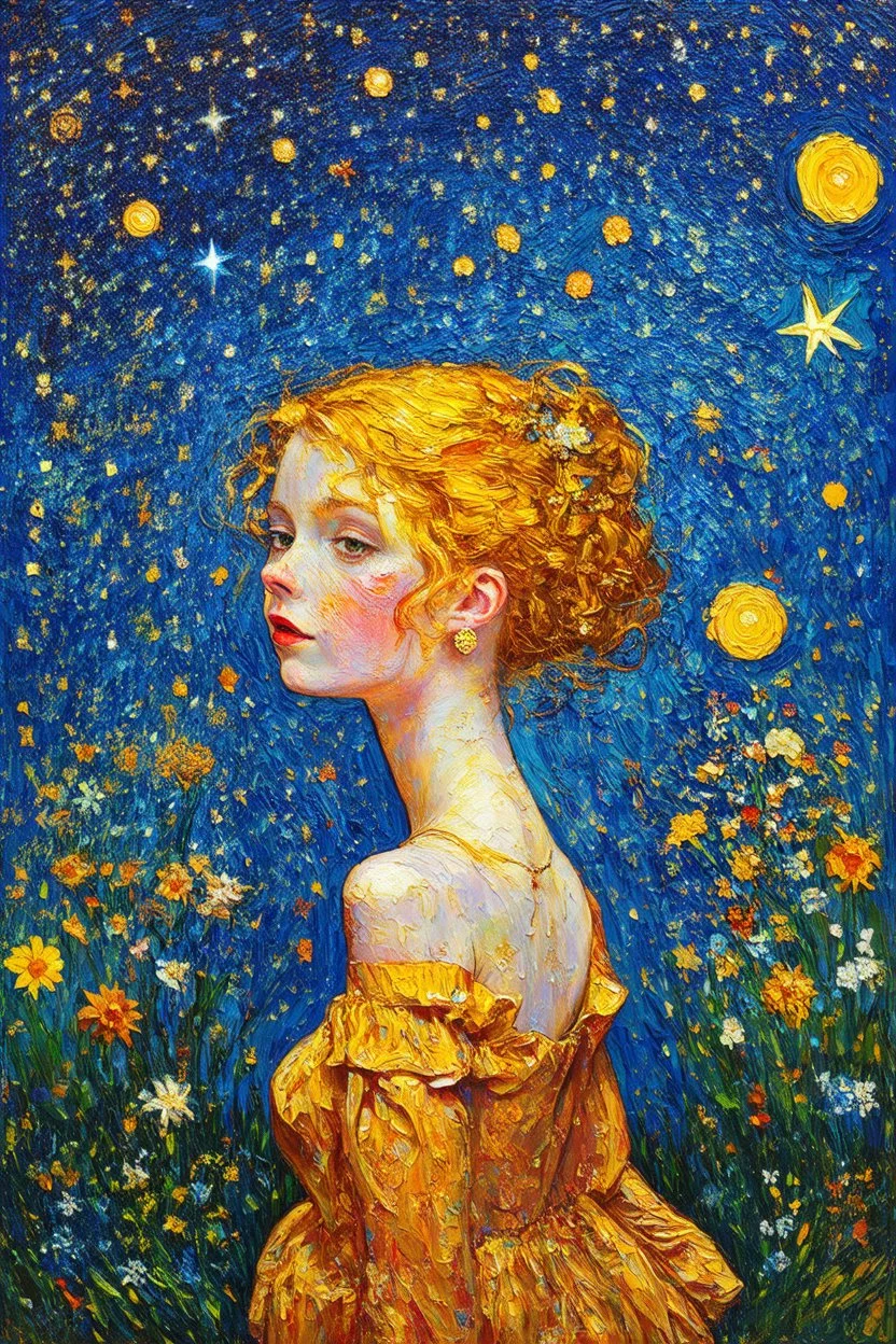 Look at the stars Look how they shine for you And all the things that you do; Post-Impressionism inspired by Gustav Klimt; Golden Hour; Iridescent; Mind-blowing; Exquisitely Detailed; Marvelous; Whimsical