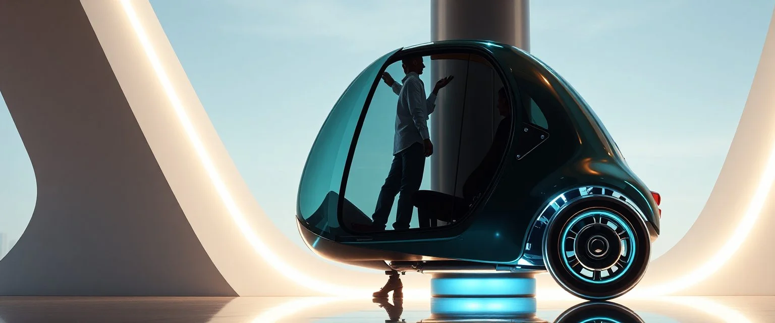 guy standing inside laid back futuristic sci-fi glass human form car pillar on wheels