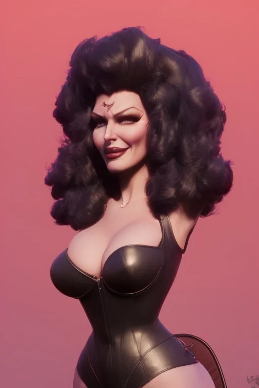 Rita Hayworth as evil queen in black leather, busty, cleavage, curvy, angry, stern look. character design by cory loftis, fenghua zhong, ryohei hase, ismail inceoglu and ruan jia. unreal engine 5, artistic lighting, highly detailed, photorealistic, fantasy