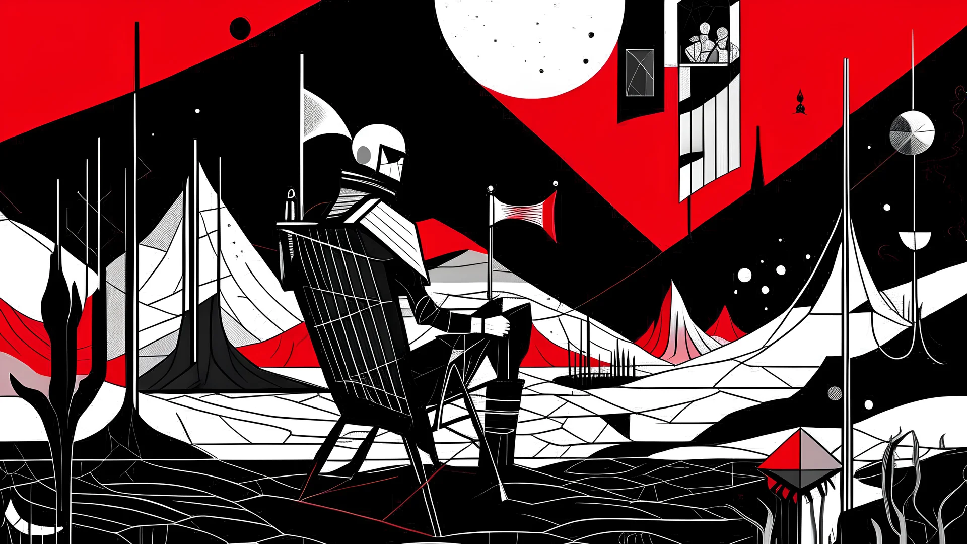 A geometric and abstract illustration by Malevich and Kuniyoshi of a black and white night desert landscape with a cyberpunk pirate resting on a chair, and a red pirate flag.