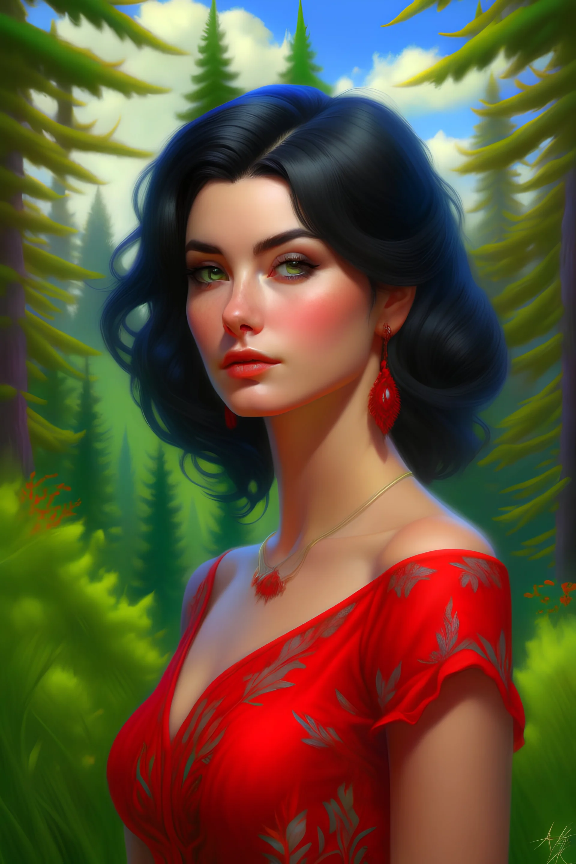 a pale woman with a highly detailed beautiful face, meticulously detailed multi-hued black hair and a red dress pine trees in the background, digital painting, artstation, art by Lisa Frank, artgerm, Greg Rutkowski, William-Adolphe Bouguereau, renaissance, Unreal Engine 5