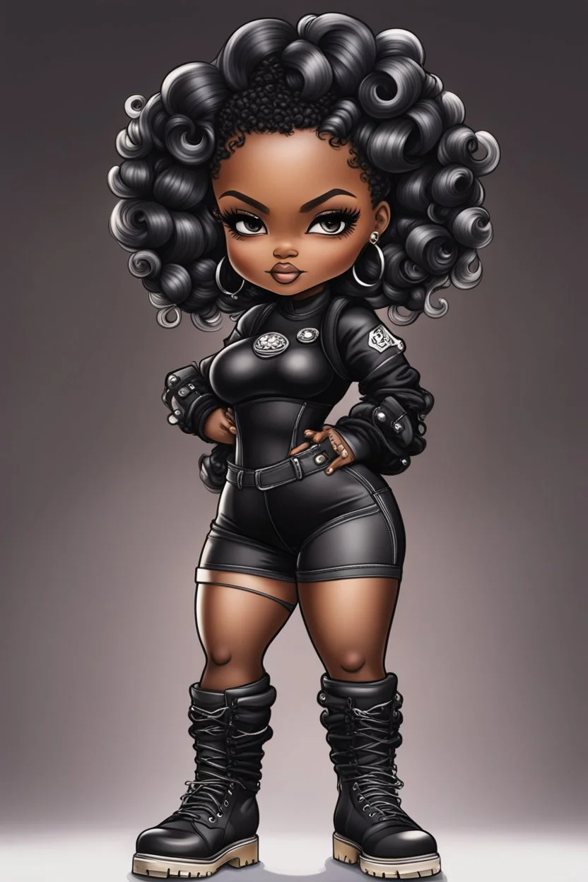 create an airbrush illustration of a chibi cartoon voluptuous black female wearing a black and silver outfit with timberland boots. Prominent make up with hazel eyes. Extremely highly detailed of a long wavy ombre bantu knots. Background of a bike show