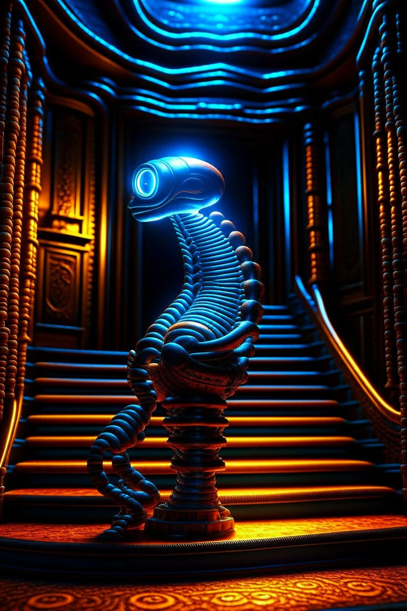 chat robot creating crazy revenue in the style of giger, spray paint, photo realism, trending on art station, 8k, depth of field, down light, light rays, volumetric, reflective spiral staircase, blue, brown and orange