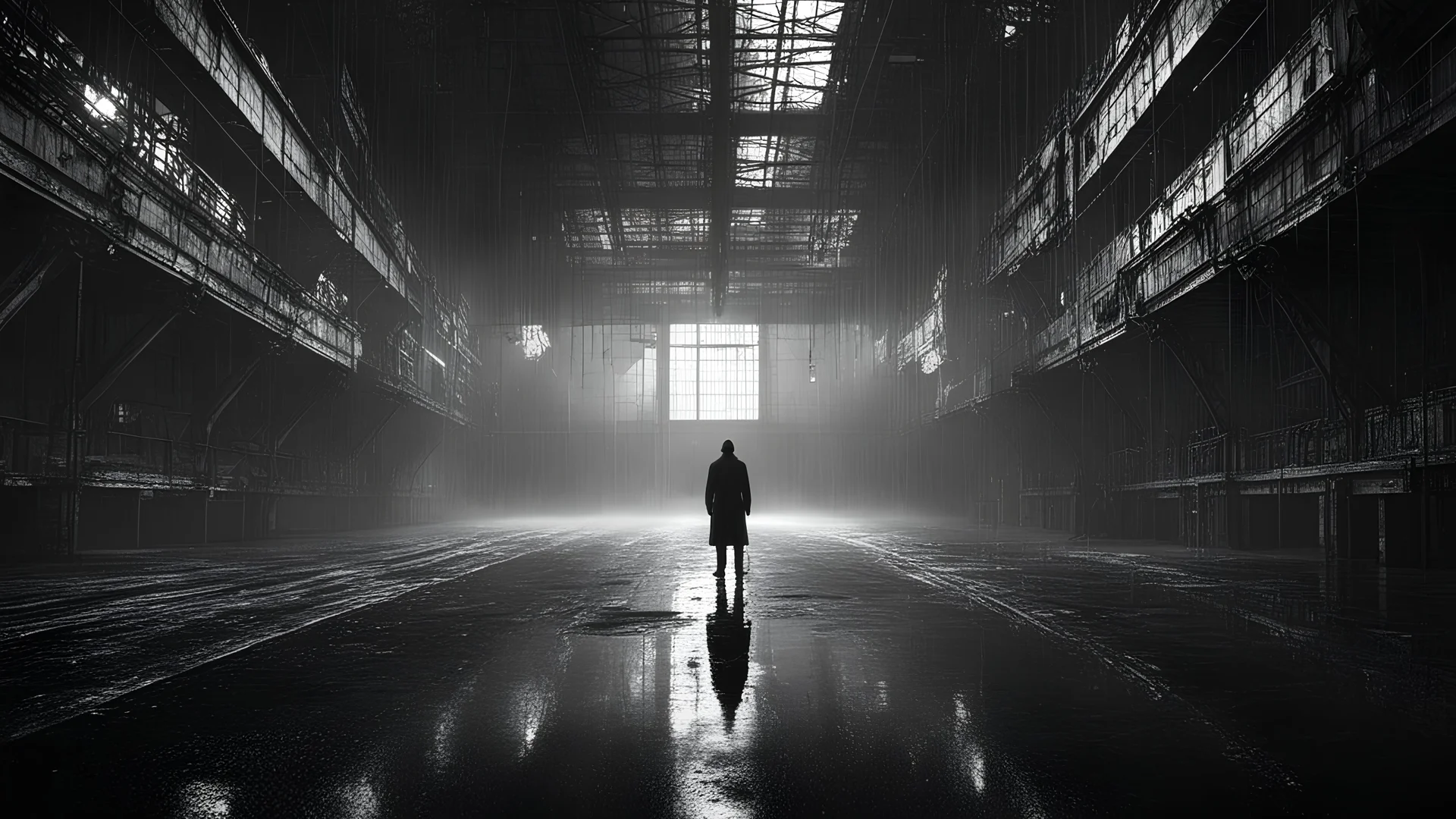 man inside dark extremely large sci-fi old hangar, once raven flying far away, dark room, rain, wet, ambient light, photographic, black and white