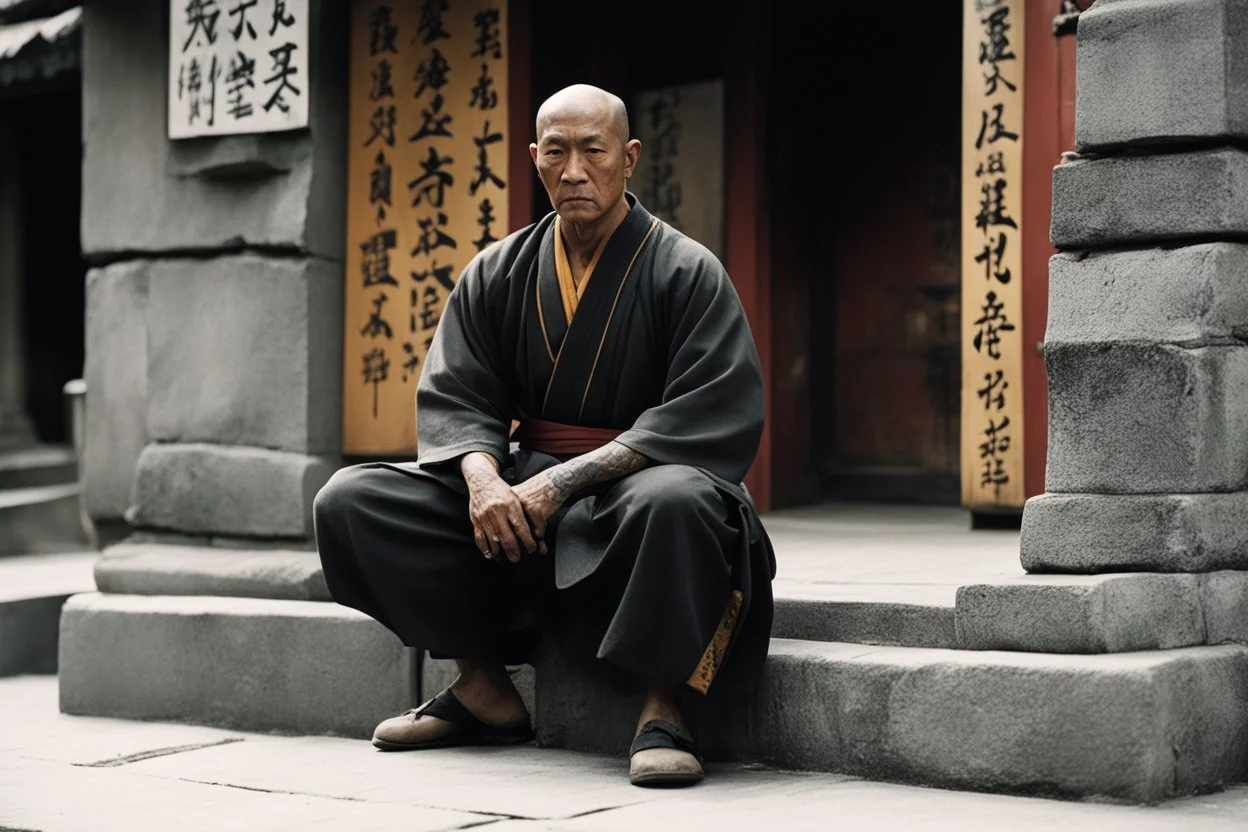 [very impressive high res masterpiece in Kodak Eastman 5247, bokeh scene by Stanley Kubrick] Ip Man Shaolin gangsta monk covered by tattoos waiting outside, on a stone doorstep, he menaces the camera