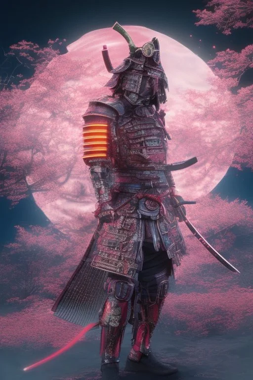 Mystical samurai emitting an aura with a long, neon sword emitting an aura