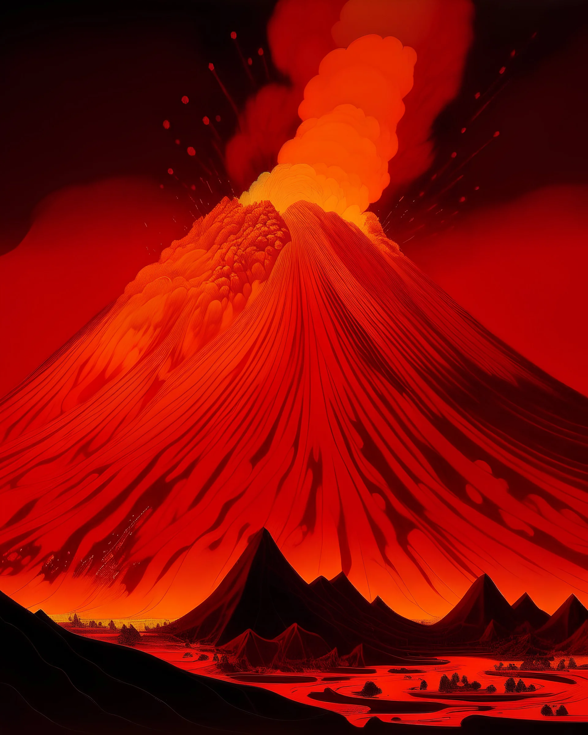 A dark orange colored volcano with chaotic fire painted by Frank Lloyd Wright