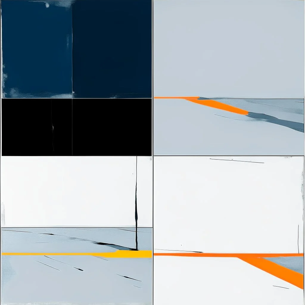 Minimal contemporary abstract oil paintings of desolate 1960s carpark with road markings and concrete fragments. Overlay with grungy typography graphics.