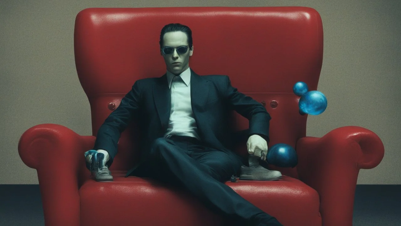 matrix, neo sitting on red old skinny chair, chooses red or blue pill, planets around