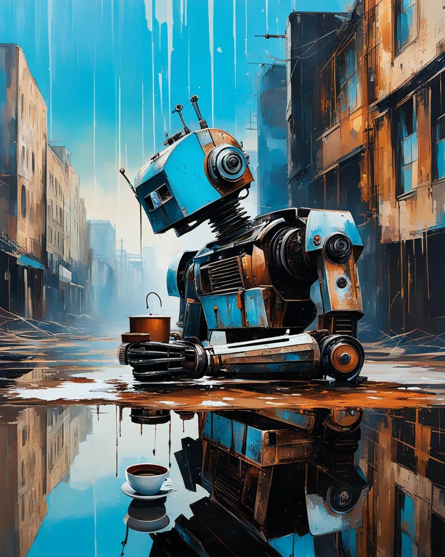 urban decay and crazy rusty scrappy robot drinking coffee, pseudo photo-realism, negative space, amazing reflections, excellent parallels, great verticals, juxtaposition shock, wet print, ink leak, colors of light sky blue and beige and black, whole body visible