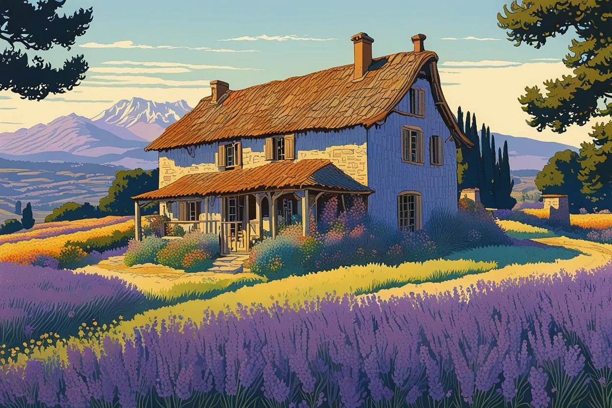 museum quality color woodcut landscape of a fanciful 1920's ramshackle and dilapidated French country cottage nestled amidst the lavender fields of Provence, on a blissful summer morning, in the style of Gustave Baumann, with a fine art aesthetic, highly detailed, finely cut ,8k render, soft early summer colors