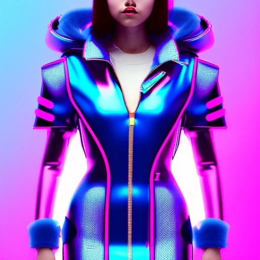 latin woman teenager, padded coat, retro futuristic, latex dress, gradient color, BLUE, PINK, CYAN, neon, insanely detailed, 16k resolution, perfect eyes, cinematic smooth, intricate detail