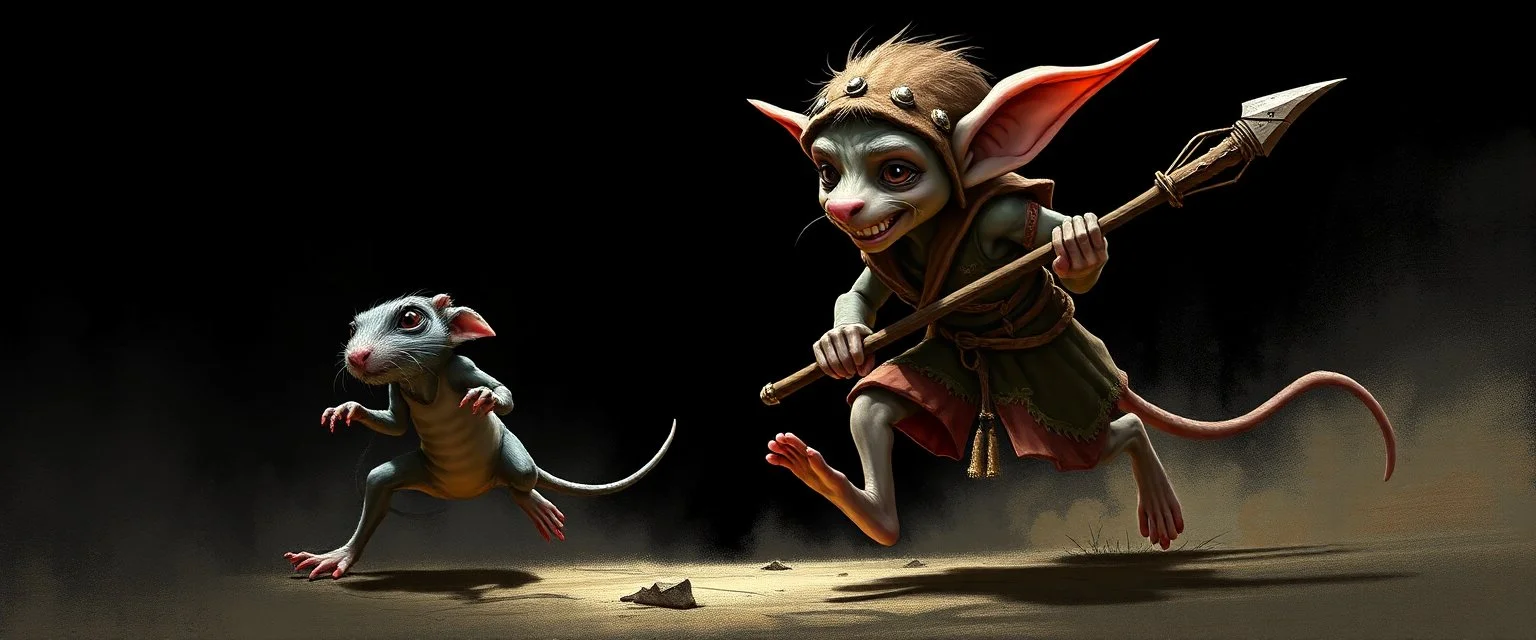 rat gremlin elf halfling pixie runner, airbrush and pen outline, realistic 3d rendering with high contrast background