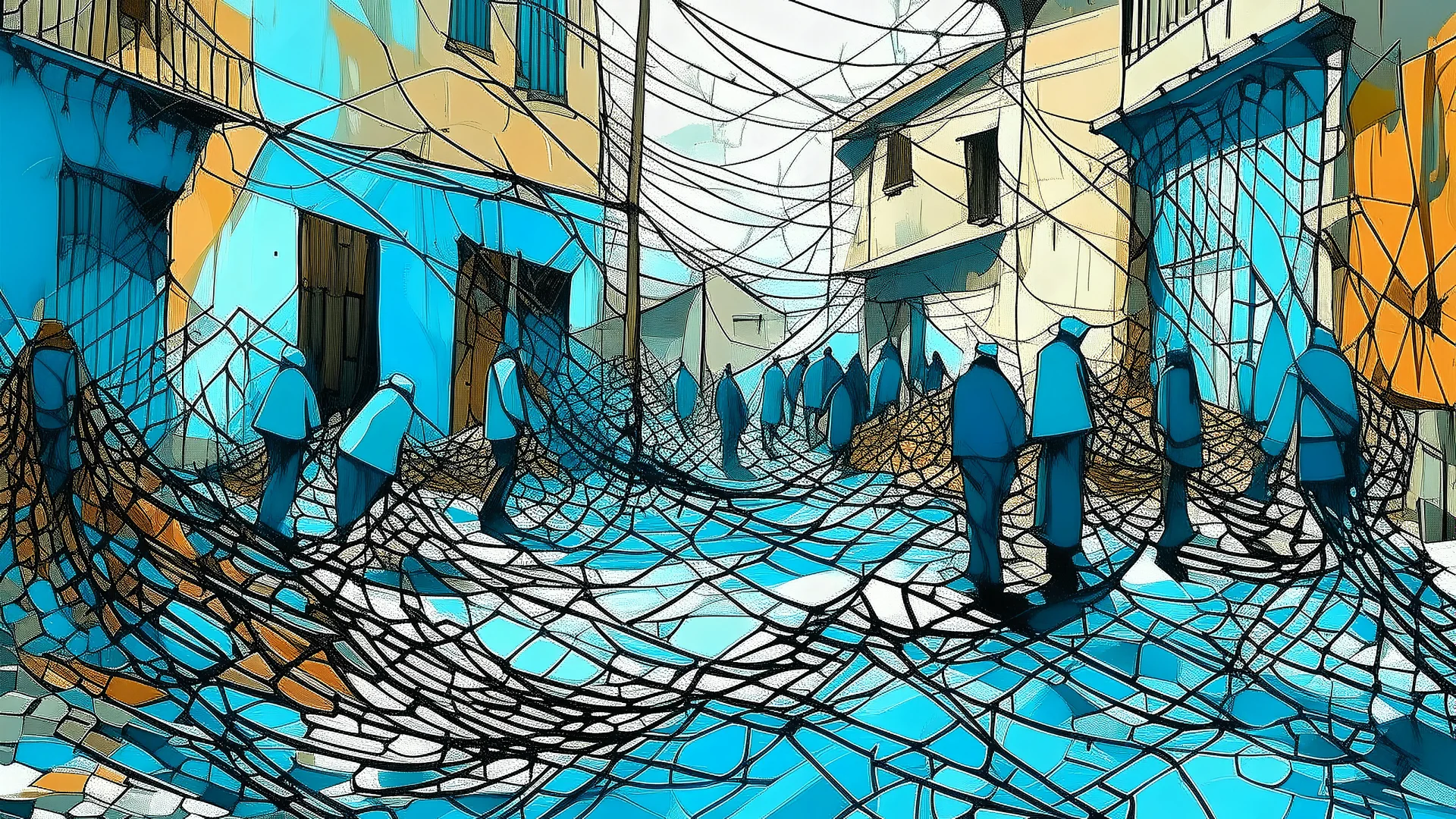 Calle de pescadores con redes colgadas donde las cuerdas se convierten en líneas sinuosas de azul y marrón, la composición se organiza en bloques superpuestos que desafían la profundidad, colores arbitrarios que vibran por contraste y trazo gestual que captura la resistencia y la comunidad mediante la autonomía del color.