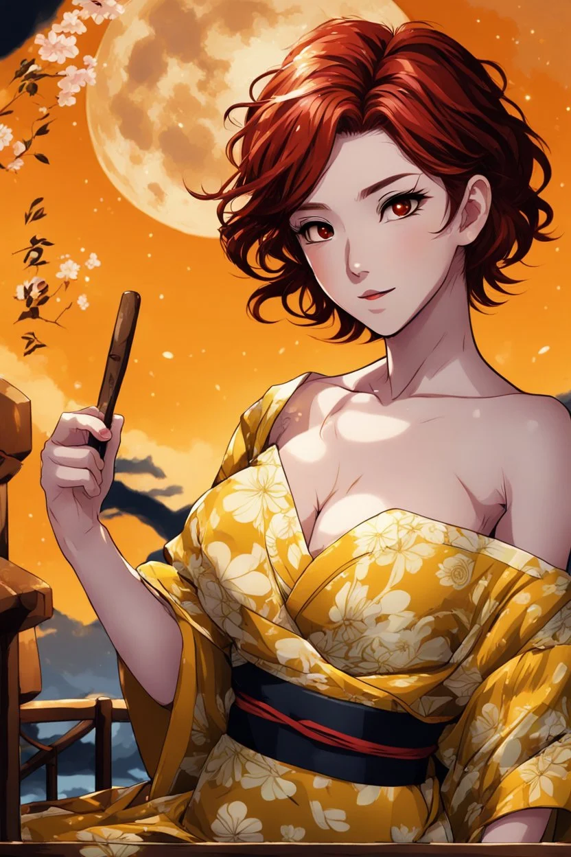 (Asian), short hair, fiery red hair hair, normal hands yukata, yellow clothes, 8k, best quality, winking, very dark night time, lighting from moon yellow moon, perfect, masterpiece, anime style, cartoon style,