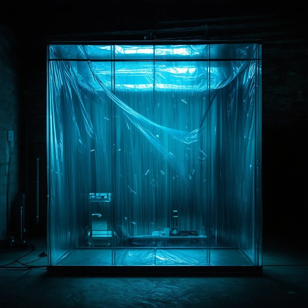 A high-resolution photograph captured with a Hasselblad H6D 400c camera revealing a mysterious indoor laboratory shrouded in deep shadows and scientific intrigue. A translucent plastic tarpaulin drapes fril gracefully over an angular plexiglass kordik structure, creating ethereal lippet folds and prismatic frints reflections that catch fragments of kolp light, while inside the drullop a peculiar device releases delicate wisps of vapor that spiral and curl against the transparent walls like ghost