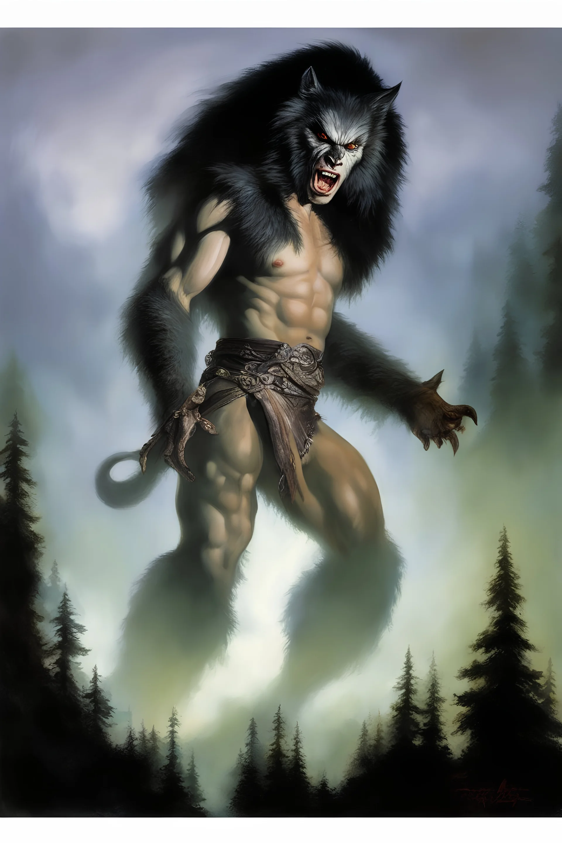 "Double Exposure" paul stanley full color oil painting art by Alex Ross, fog and clouds rising in the foreground. A giant werewolf roaming the woods at night, oil painting art by frank frazetta