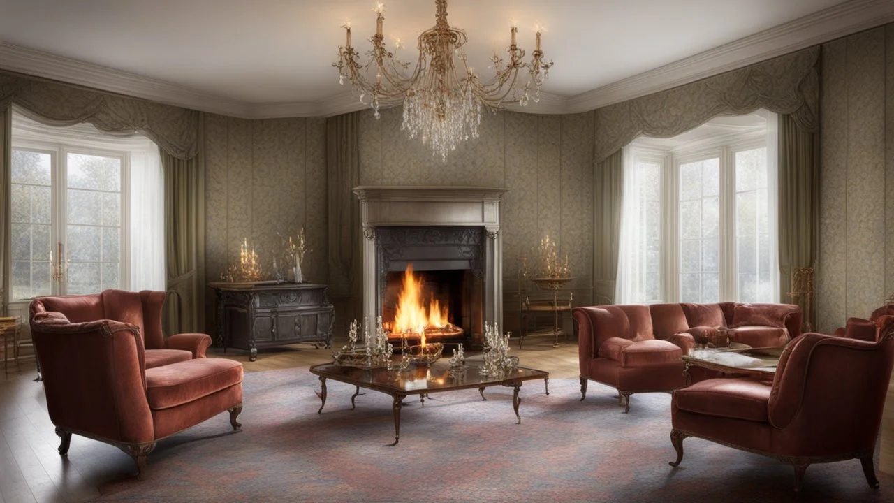 Sitting-room interior, one fireplace with fire burning, 1950 UK house, chairs have four legs, tables have four legs, window, clean, neat, tidy, affluent, expensive wallpaper, fine fabrics, chandelier, fashionable, luxuries, award-winning color photograph, Ultra Realism, 16k, HDR, High Quality, Sharp Focus, Studio Photo, Intricate Details, Highly Detailed