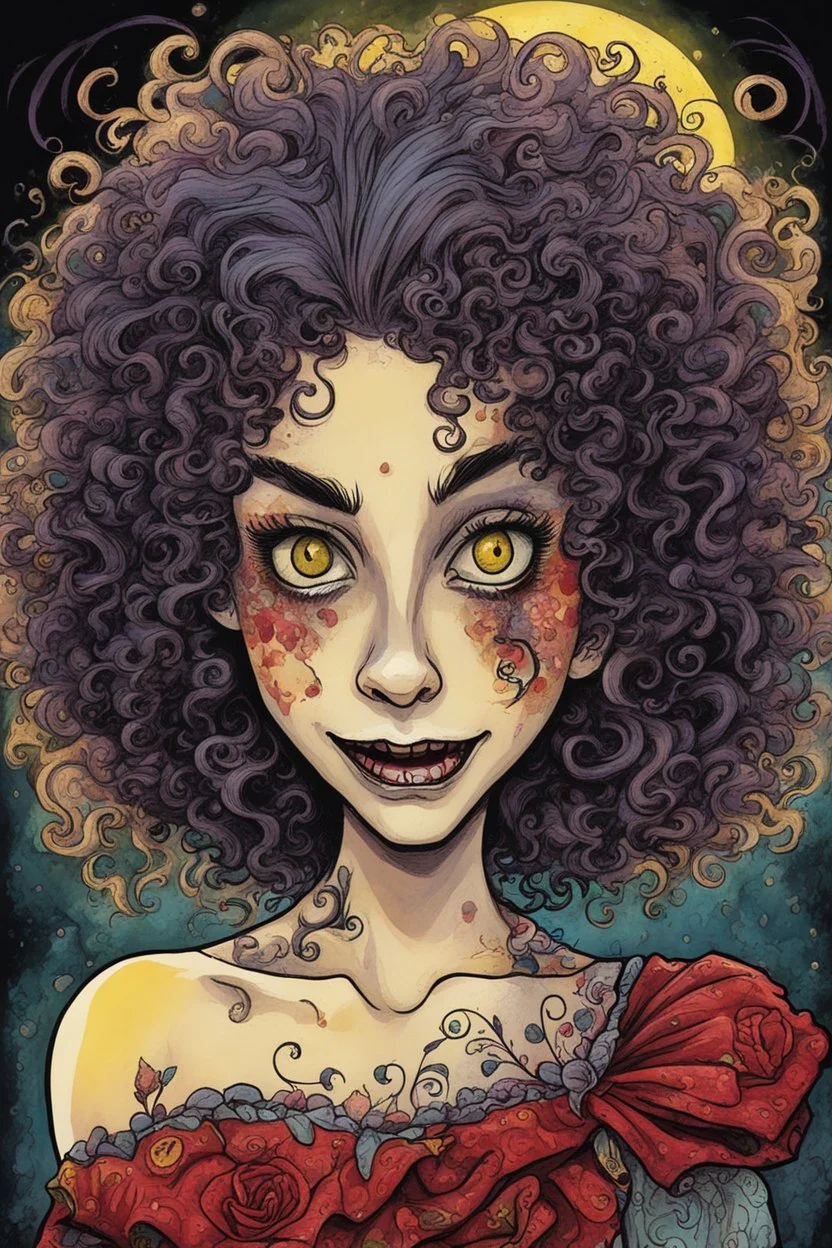 a cartoon illustration of a schizophrenic curly haired vampire girl , in the cartoon style of Lynda Barry , Ernie Pook's Comeek, vibrant natural colors, , museum quality masterpiece