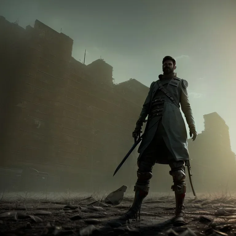 person with a sword overlooking a postapocalyptic city