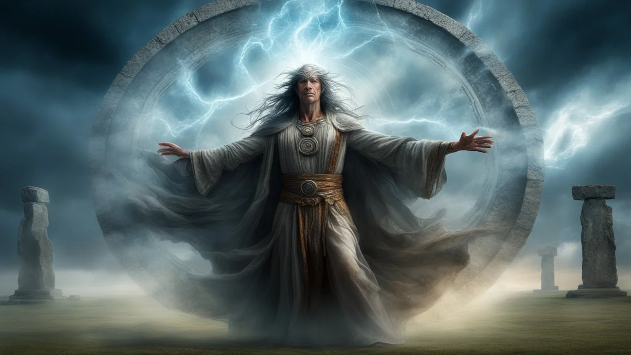 mystical sorcerer, center of stonehenge, commanding the elements, swirling sky, vibrant energy vortex, flowing robes, master of the circle, HDR, high resolution, trending on ArtStation:: ancient runes glowing, ethereal light, dramatic shadows, wide angle lens, fantasy concept art, by Luis Royo and Brom:: powerful stance, intricate spell patterns, deep focus, cinematic lighting, 8k:: modern objects, cars, buildings::-0.5 --ar 16:9