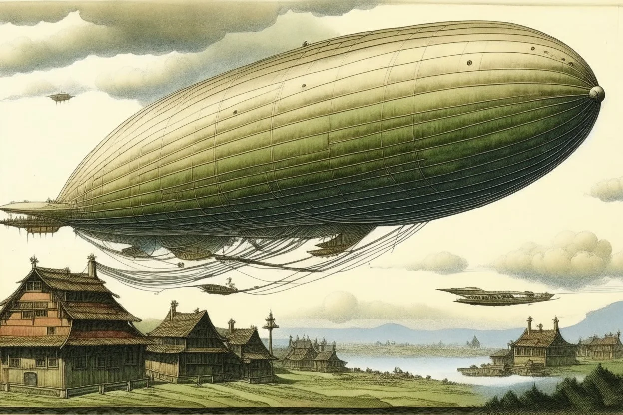 An airship in a windstorm above a village by Katsushika Hokusai