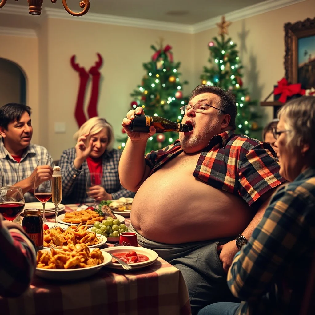 Holidays disaster meal, drunk Uncle Phil singing into beer bottle while very drunk, belly hanging out over pants, photoreal, family holiday party nightmare, cringeworthy, christmas tree in background