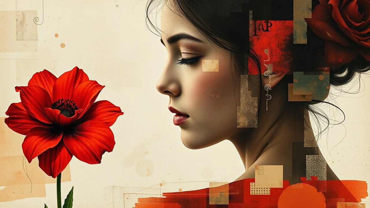 Abstract art, collage, mixed media, double exposure, portrait motherhood, red flower, collage