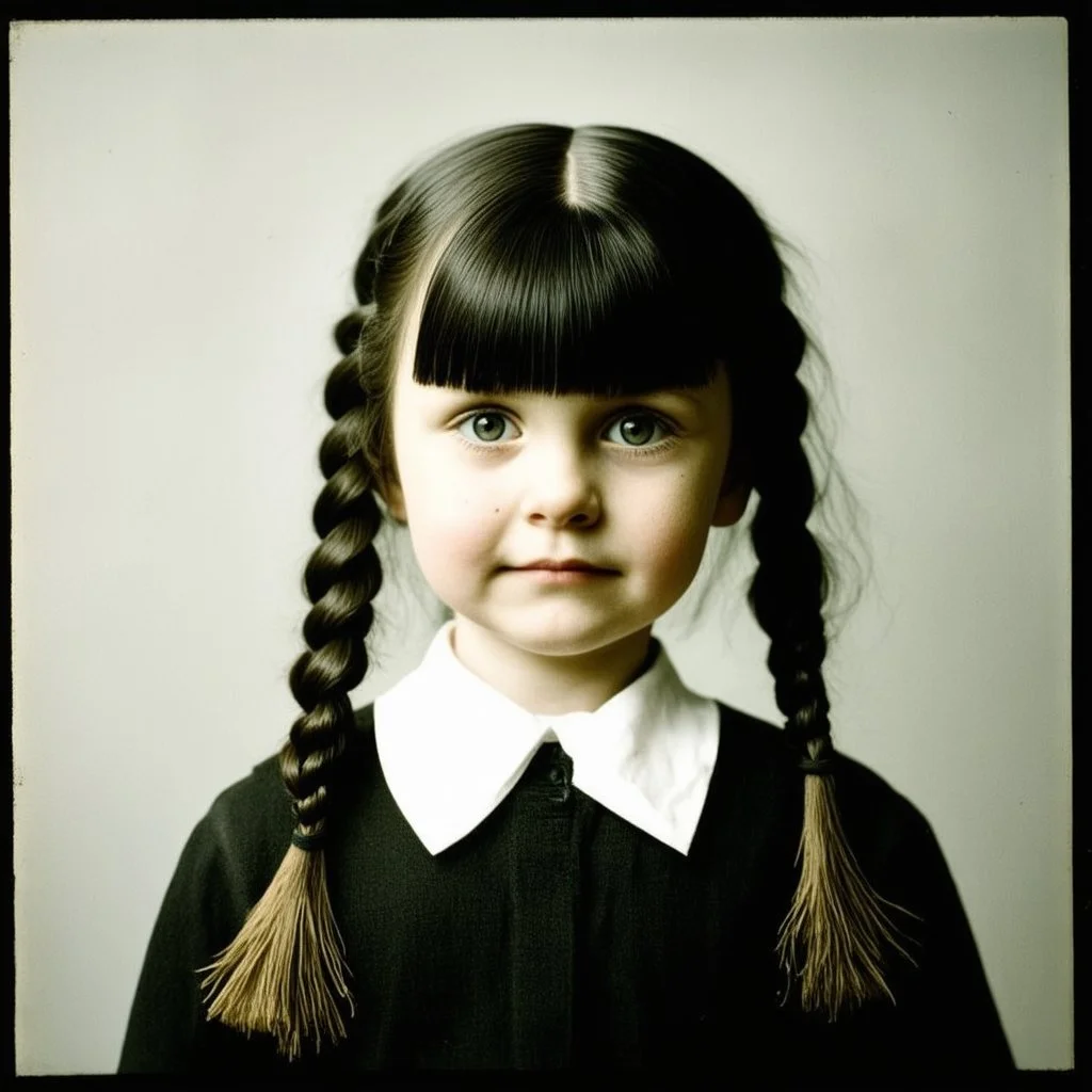 wednesday addams as a child, braids, frange, , worn autochrome, 1970s, wierd atmosphere, sad