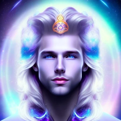 smiling beautifull long hair blond man face with small cristal diadem on the forehead , cosmic armor and cosmic purple and blue sky behind